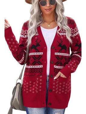 Women's Red V Neck Long Sleeve Knit Ugly Christmas Cardigan Classic Sweater